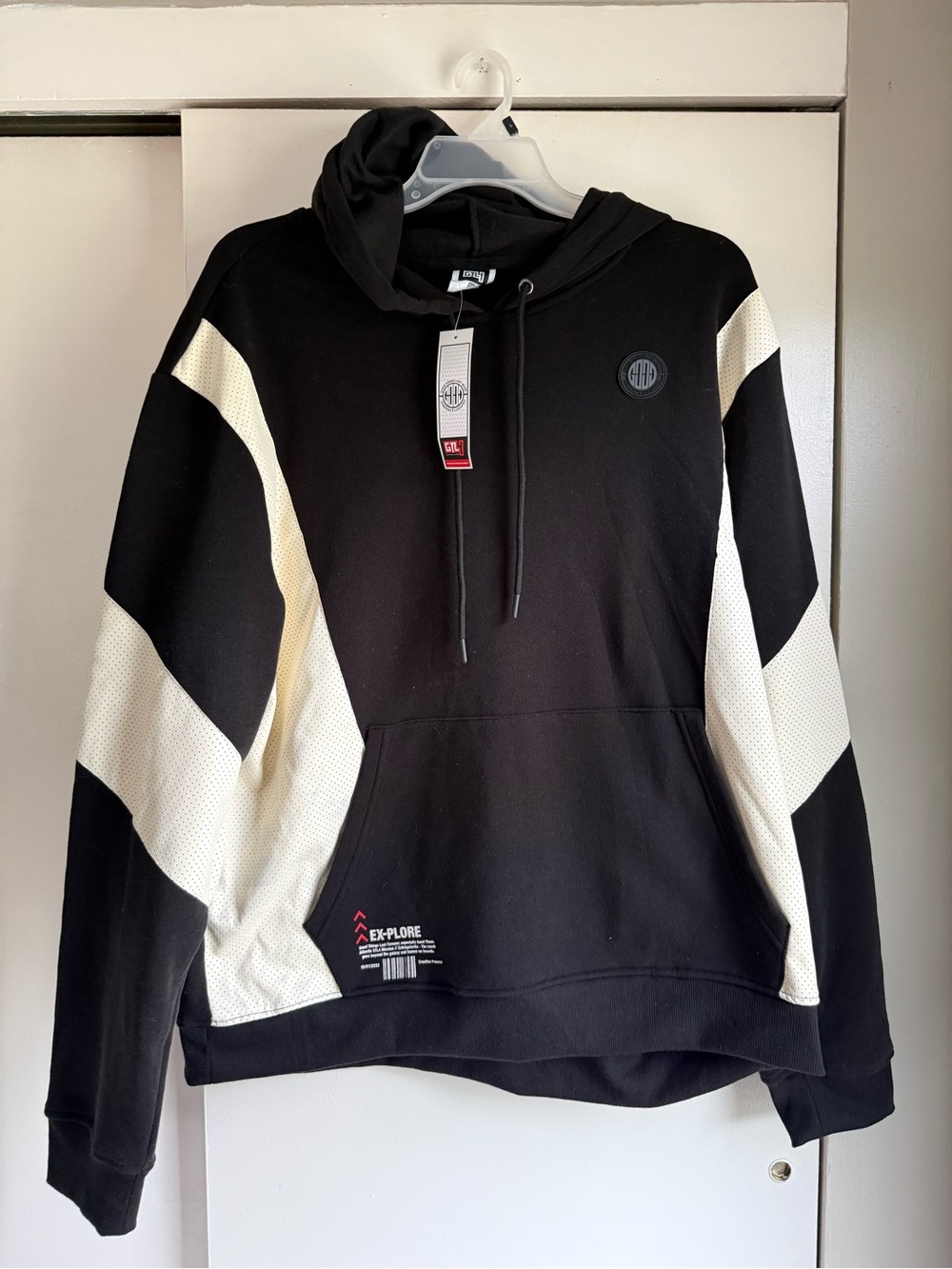 Men's Black Crewneck Hoodie with Cream Contrast Panels